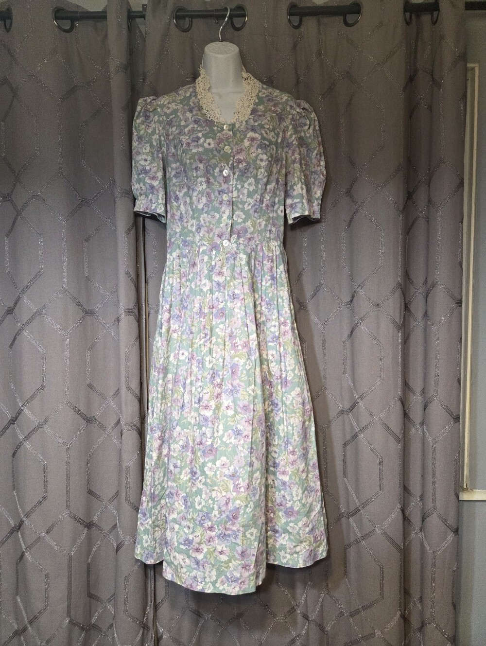 Vintage Laura Ashley Green Purple Floral Midi Cotton Dress 12 Fits Like A Small